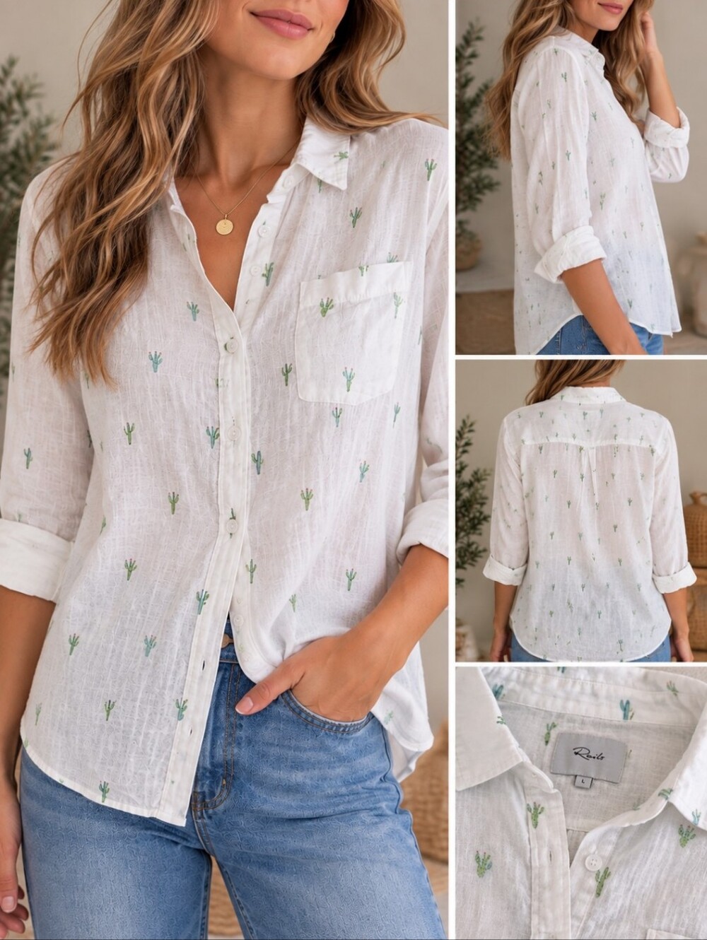 Rails White Cactus Print Button-Down Linen Shirt Size L